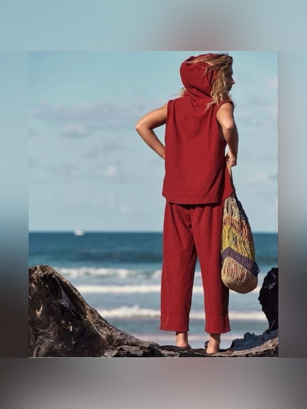 FREE PEOPLE Beach Wide Leg Cropped Day Tripper Pants Ribbed Red Size Medium - Picture 3 of 16